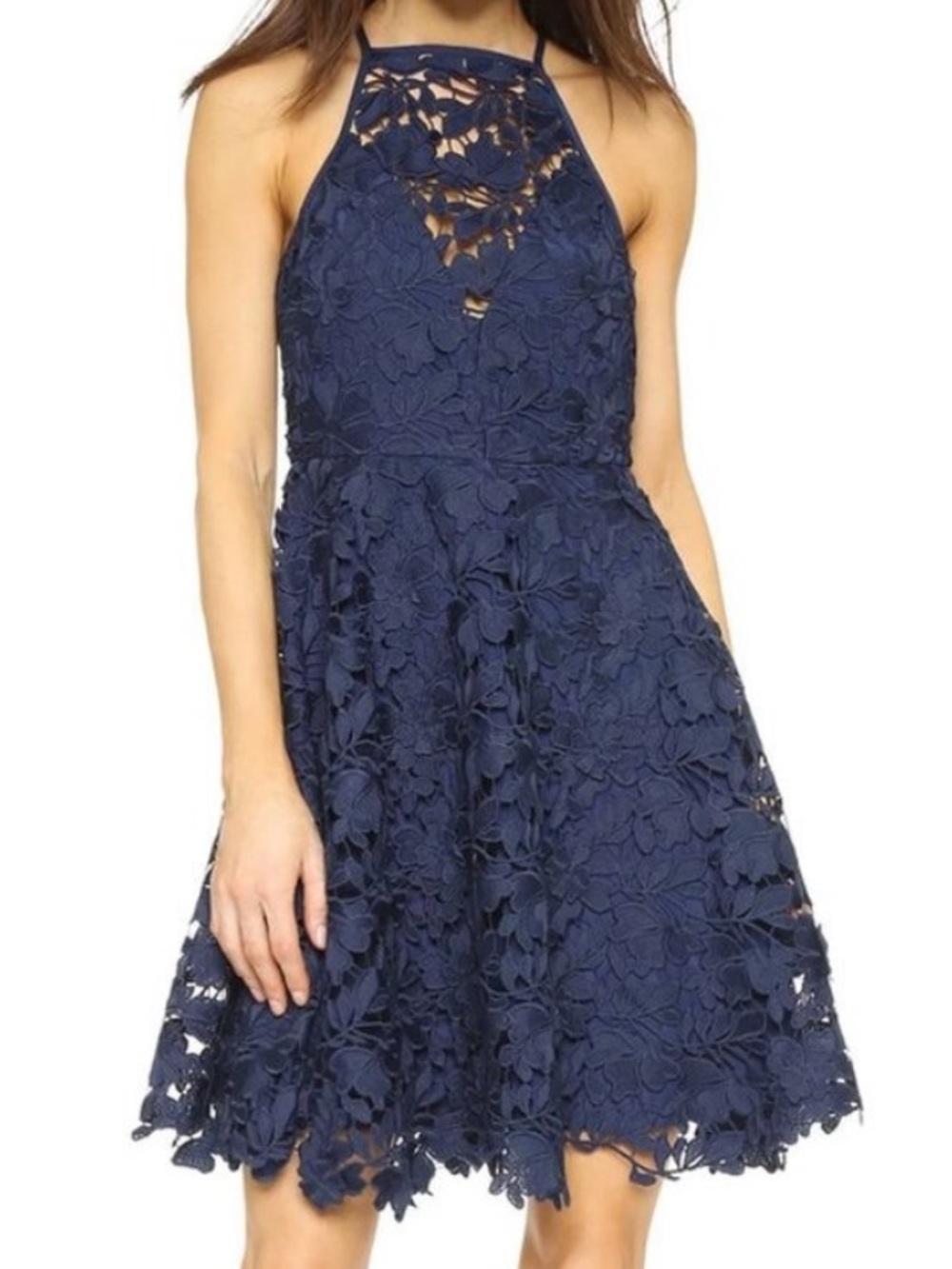 Love...ady Navy Blue Floral Lace Design Dress with Spaghetti Straps